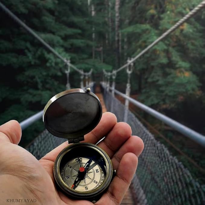 Portable brass compass with 45mm diameter shown for size reference.