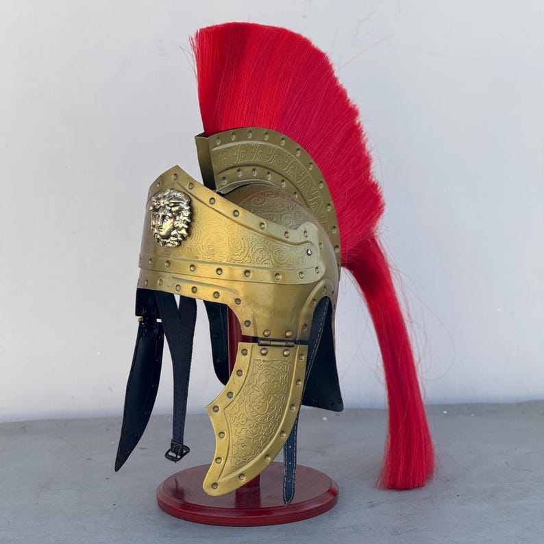 Side profile of Praetorian Guard Helmet featuring vibrant red plume, perfect for historical reenactments