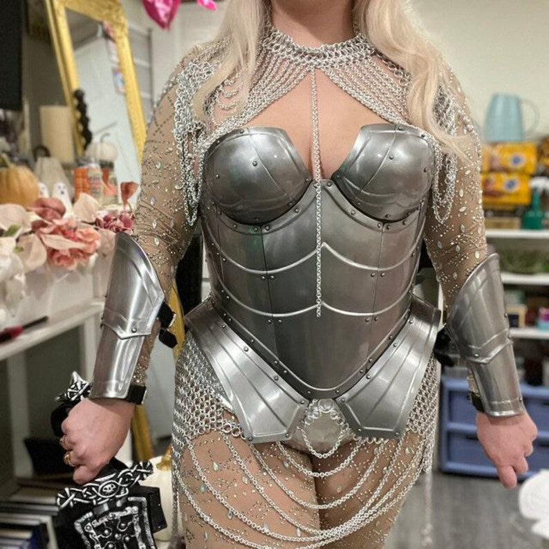 Queen of the Lake armor corset with polished steel and leather straps