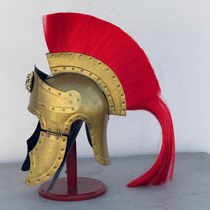 Close-up of red plume on Roman helmet used for cosplay and historical armor collection