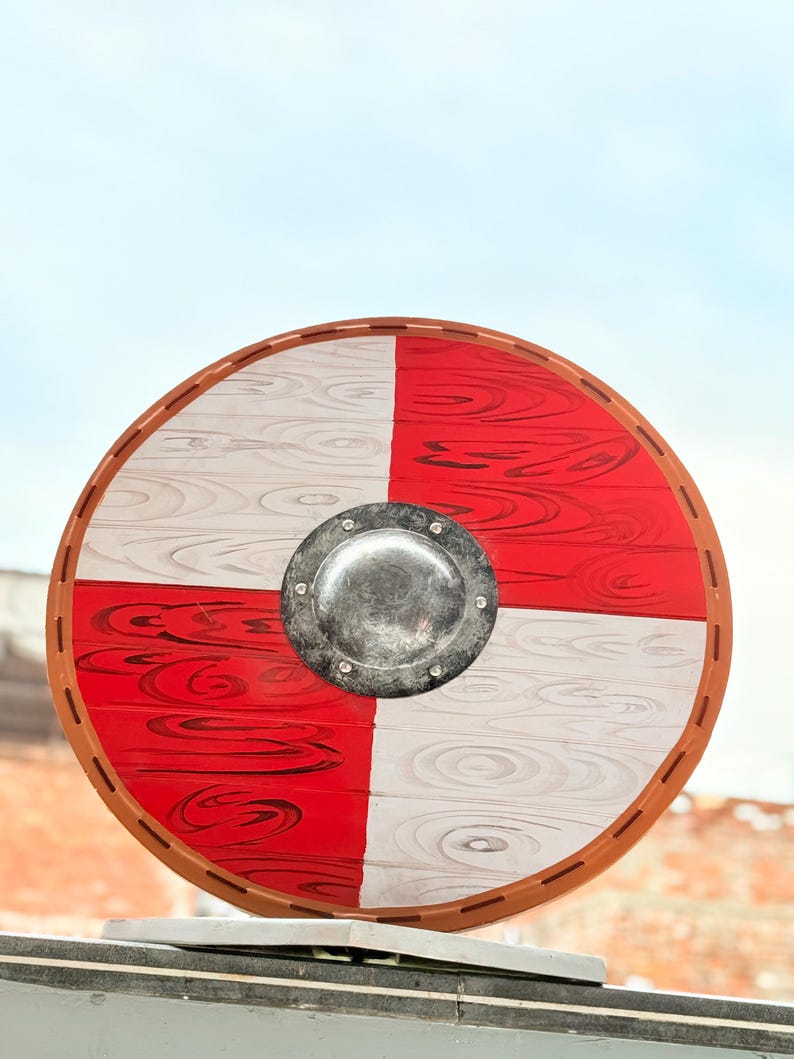 Red and White Viking Round Shield – 30 Inch Wooden Shield for Cosplay and Reenactments