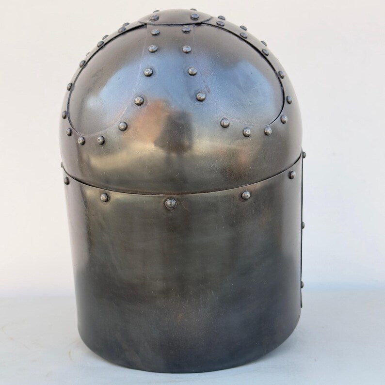 Templar Crusader helmet in blackened steel – historical reenactment headgear with Spangen styling
