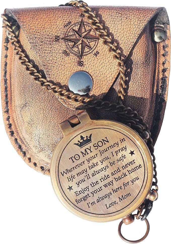 Brass compass displayed as a heartfelt gift for graduation, baptism, or communion.