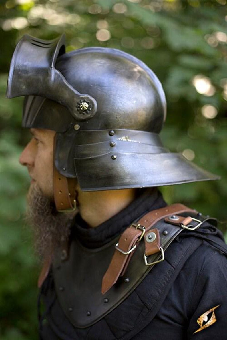 Reproduction Sallet helmet displayed on a wooden stand – ideal gift item