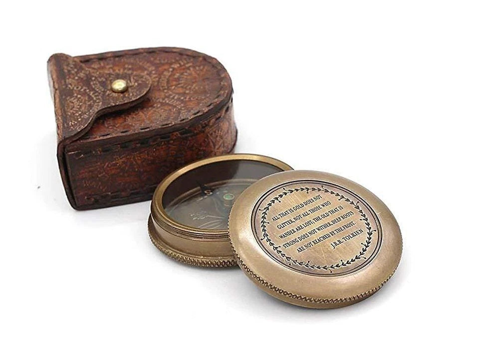Side profile view of the RII brass pocket compass with antique finish