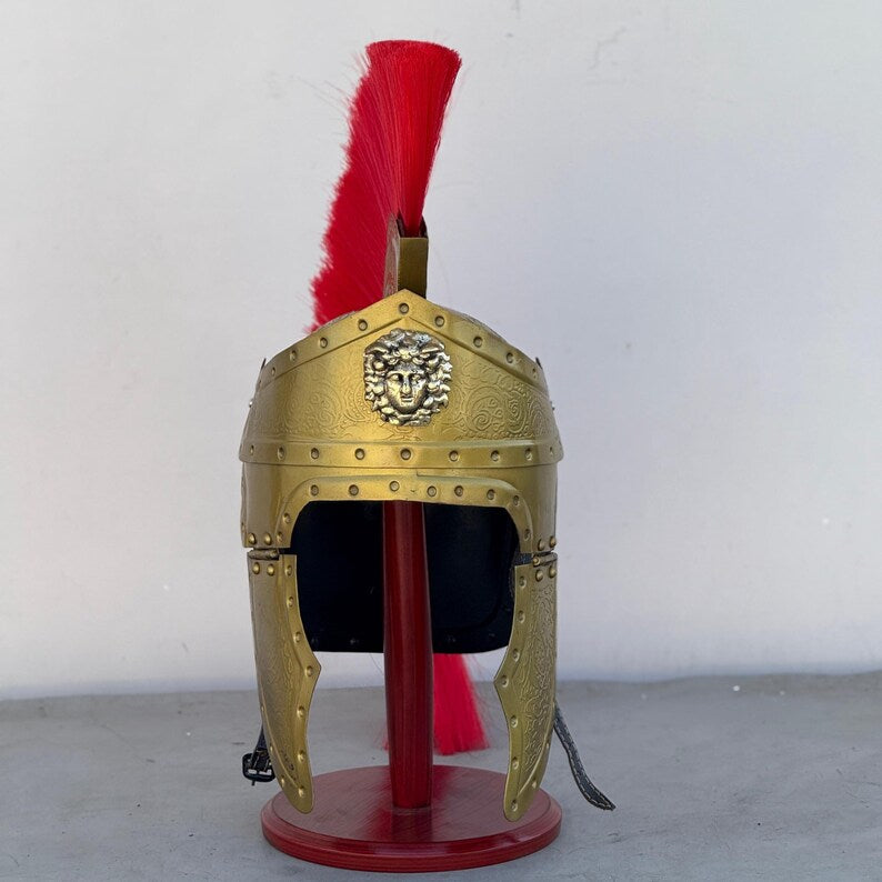 Engraved Roman Centurion helmet displayed on free wooden stand, ideal anniversary gift for him