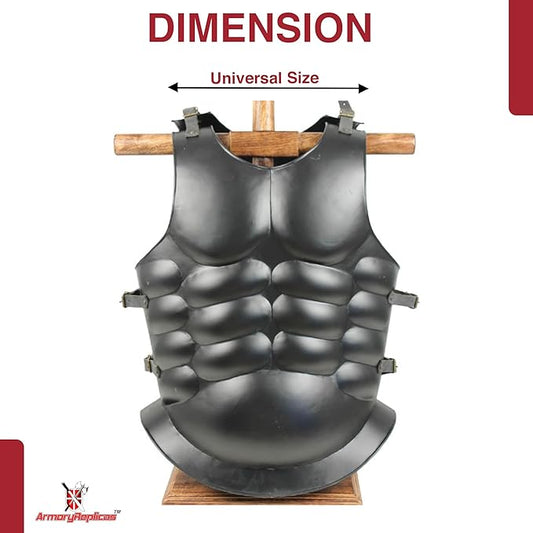 Side view showing leather straps and steel buckles of Greek Roman muscle body cuirass