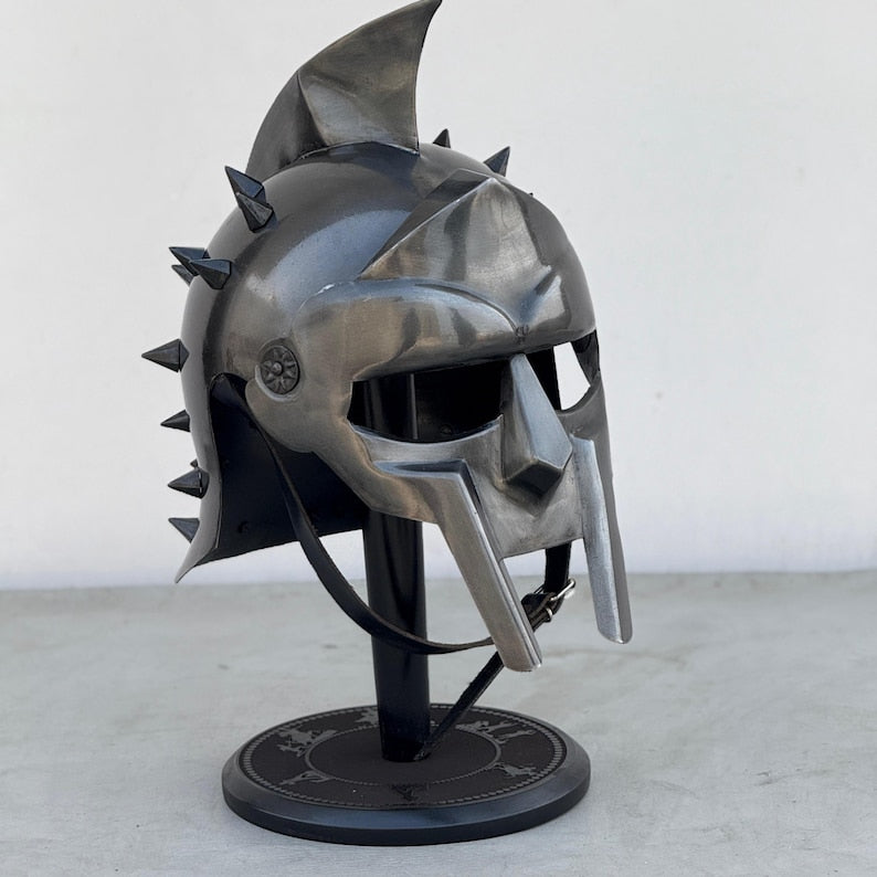 Side profile of Roman Soldier Maximus Gladiator Helmet with detailed crest and cheek guards