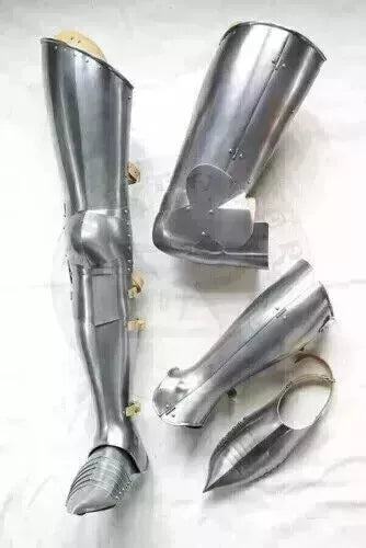 Side view of Roman warrior leg armor made from 18 gauge aluminum with leather straps