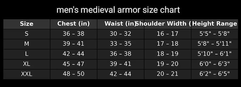 Royal Crusader Knight Full Armor Set size chart for custom fitting and measurements