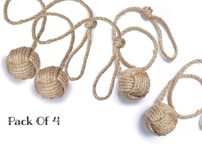 Rustic jute curtain tiebacks featuring decorative hand-braided knots