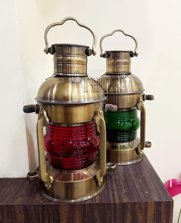 Rustic vintage home decor gifts – red and green glass oil lantern antique finish