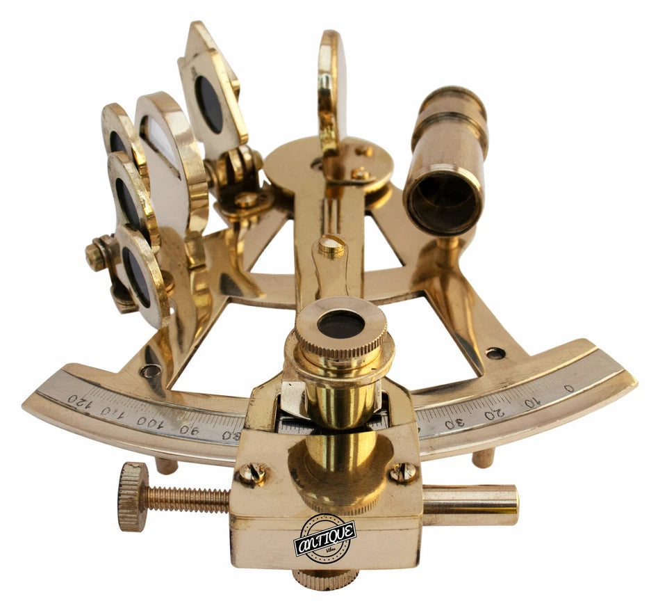 Brass sextant with visible brand logo on a white background