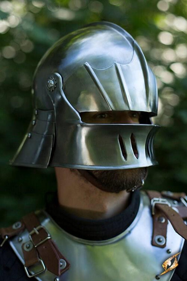 Roleplay sallet helmet replica shown on handcrafted wooden stand
