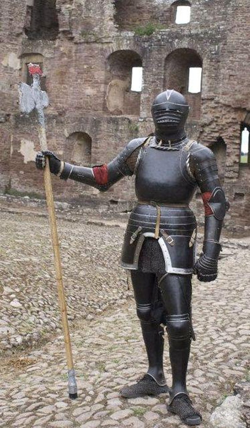Front view of Shadow Knight Gothic Full Plate Armor with black antique steel and full body coverage