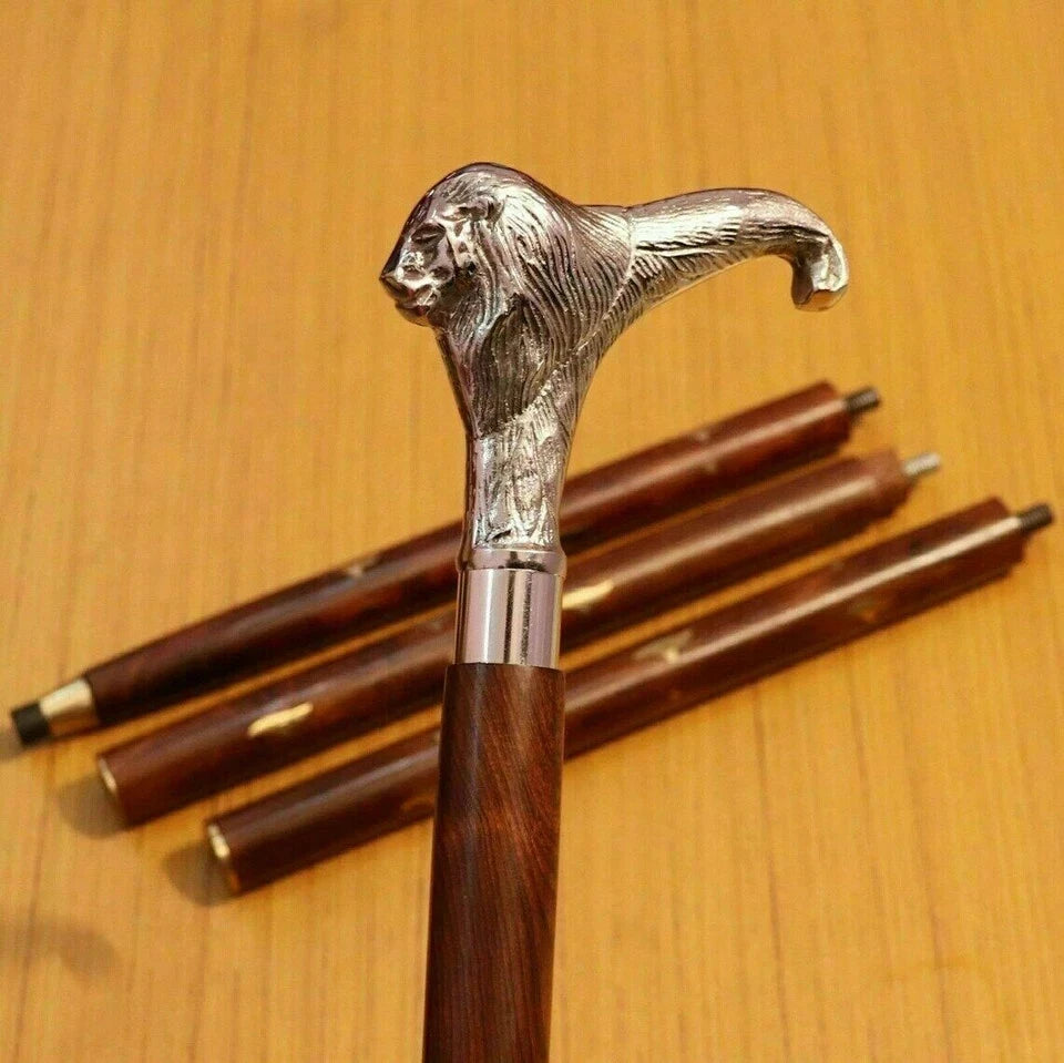 Solid brass lion head handle on antique wooden walking stick cane