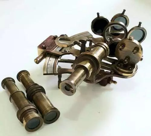 Solid brass marine sextant replica stored in a vintage-style engraved wood box