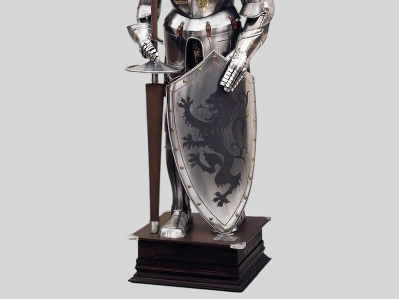 Solid Steel Crusader Full Body Armor with Wooden Base Stand
