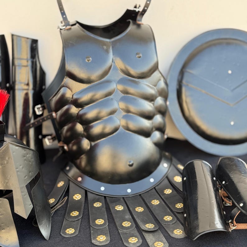 Spartan arm guards with adjustable leather straps from King Leonidas battle suit