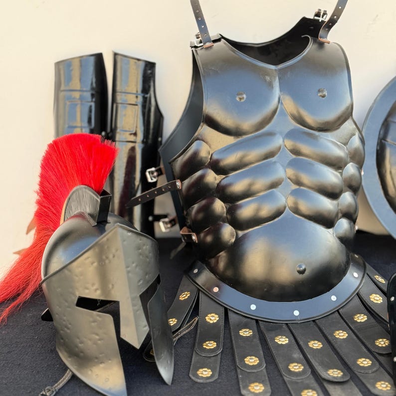 Spartan leg guards with black copper finish for medieval Greek costume
