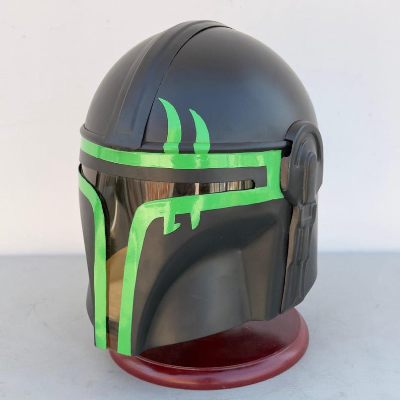 Weathered finish detail on Black The Mandalorian Helmet Star Wars cosplay prop