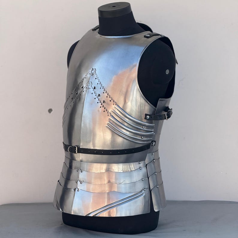 Back view of steel cosplay armor showing adjustable buckles and full backplate design