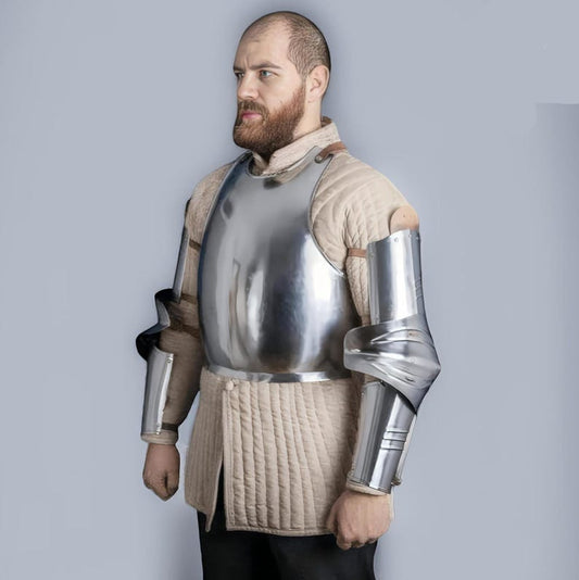 Handcrafted steel cuirass armor set with gambeson for LARP, cosplay, and medieval reenactment events
