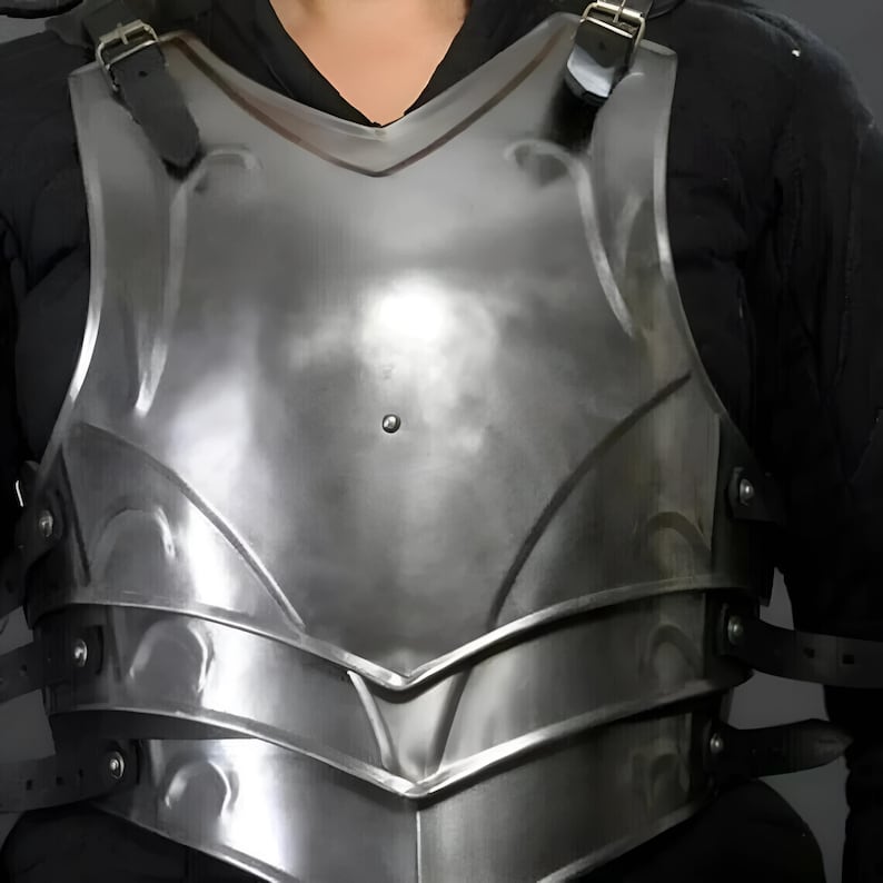 Medieval armor lady cosplay costume with leg greaves and pauldrons