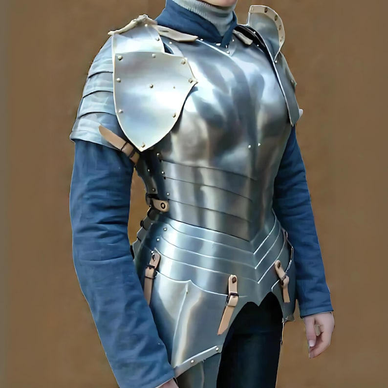 Steel cuirass body armor set back view with gorget and shoulder plates