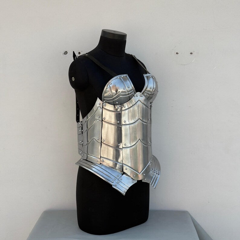 Close-up of steel cuirass corset set for LARP and cosplay costume