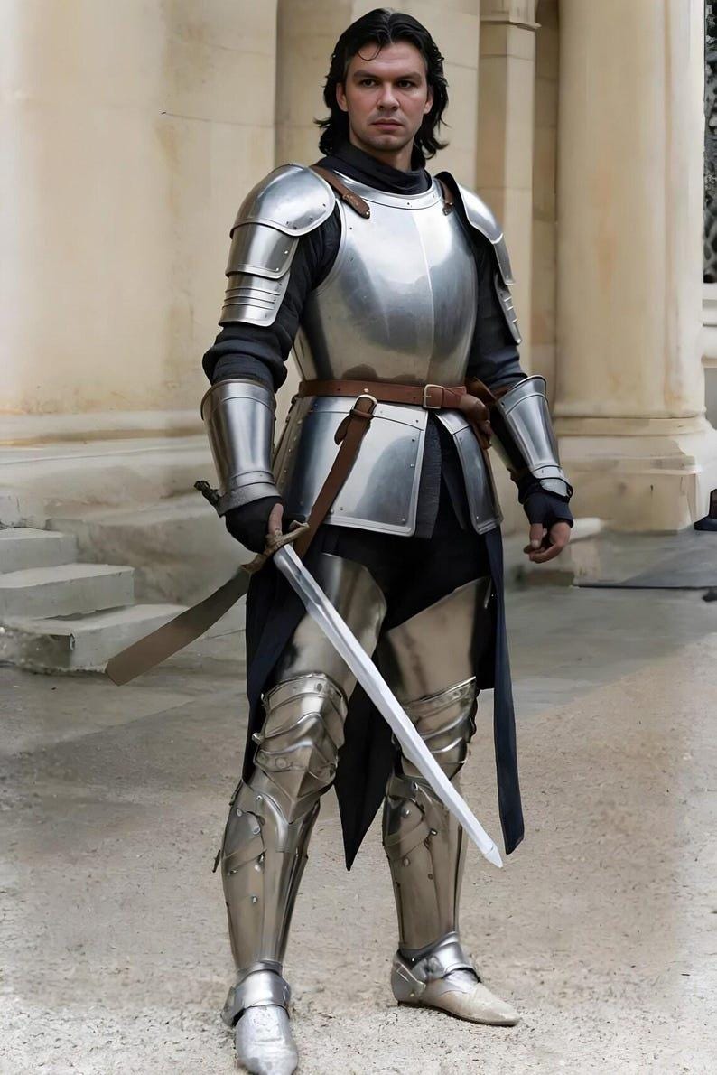 Complete medieval half body armor suit including leg guards, bracers, and tassets for LARP and cosplay use