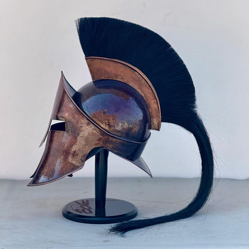 Close-up of steel knight helmet in ancient Greek style – Spartan King Leonidas collectible armo