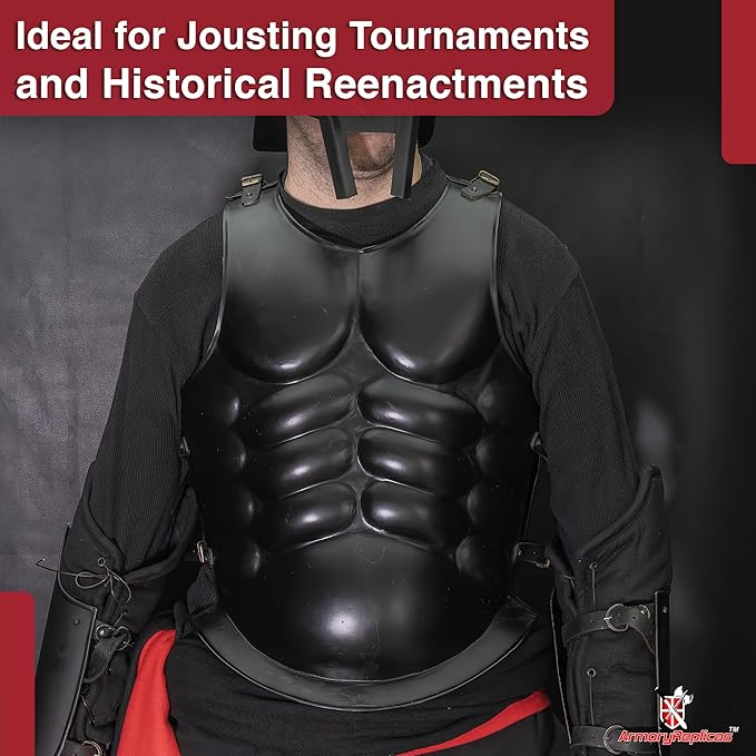 Close-up of steel muscle cuirass with flat black finish and muscular detailing