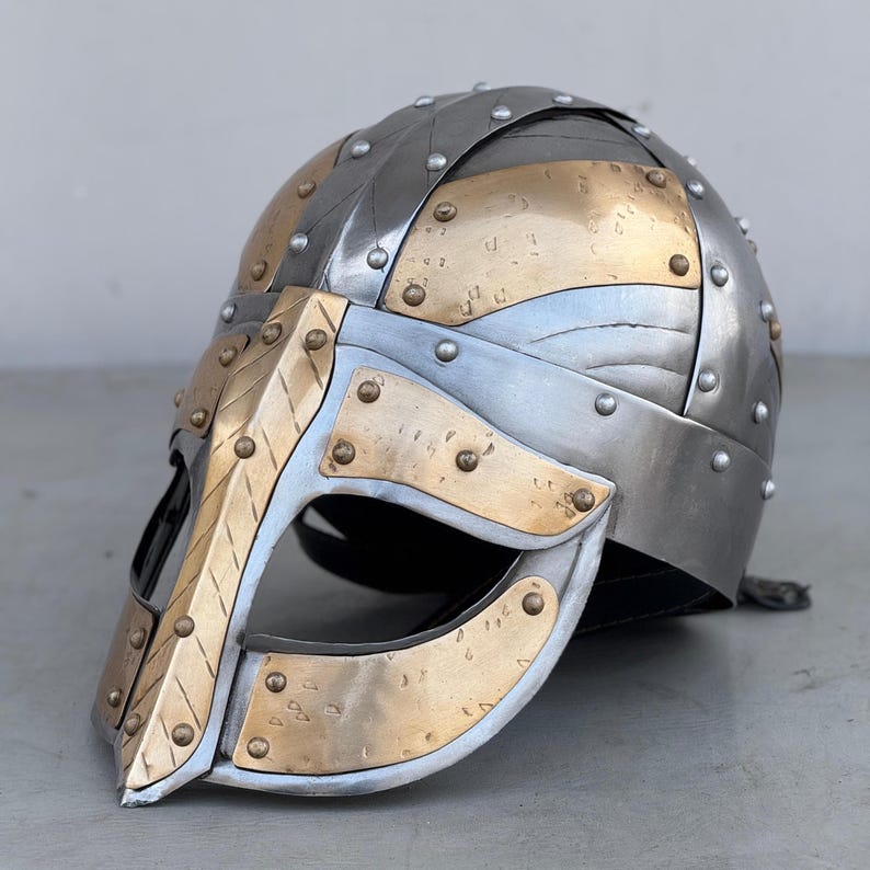 Steel Viking Helmet for roleplay and Halloween costume with brown antique finish
