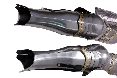 Side angle of warrior armor showing steel leg greaves and chest cuirass in gothic style