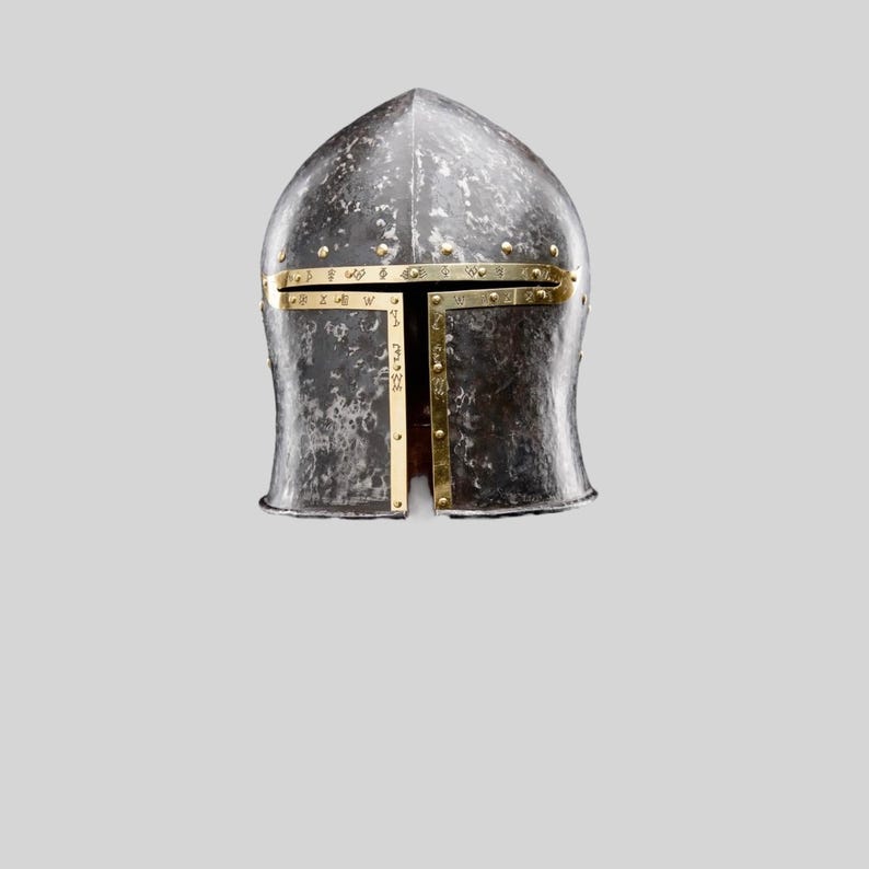 Side profile of Knight Templar Barbuta Helmet for cosplay and LARP use