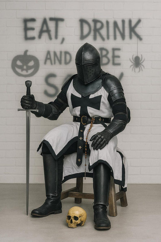 Templar cosplay armor featuring detailed chainmail suit and Crusader helmet