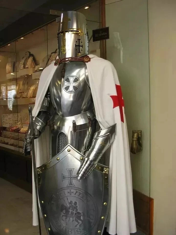 Close-up of handcrafted Templar Crusader helmet with polished steel finish