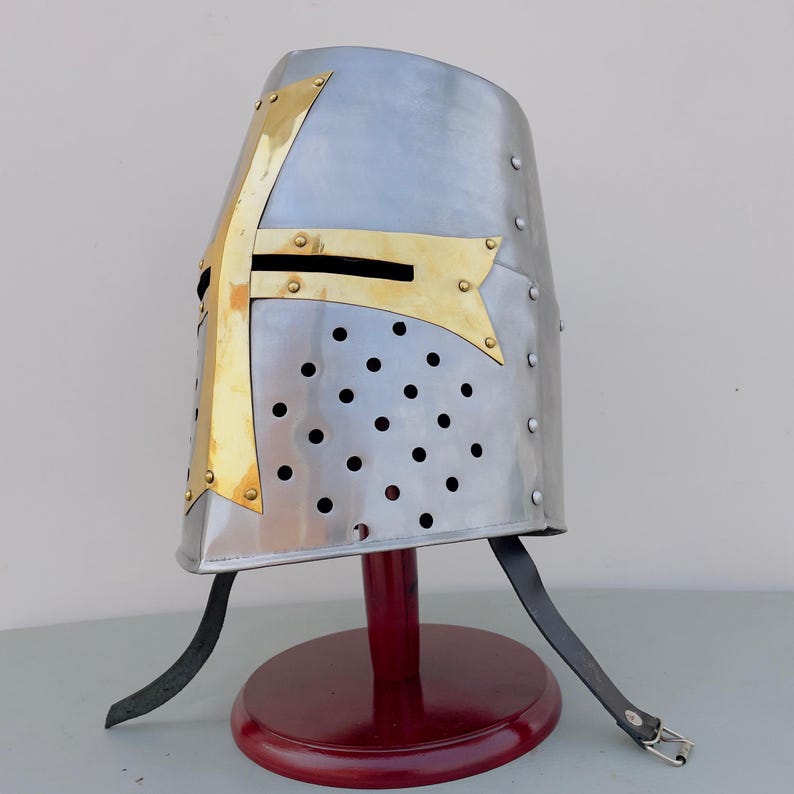 Front view of Templar Crusader Helmet with polished steel finish