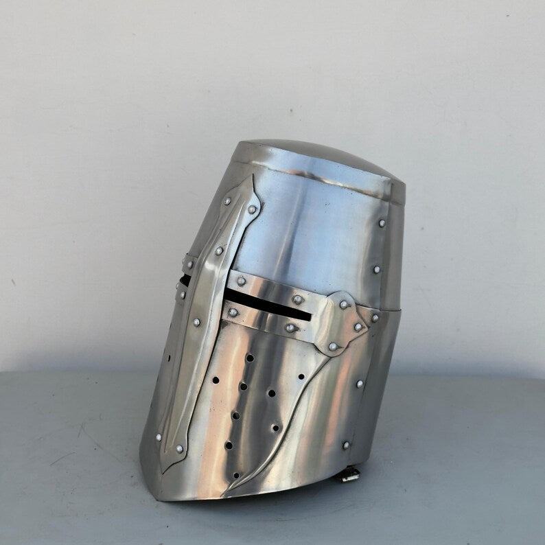 Close-up of polished steel medieval Templar helmet – detailed craftsmanship and design