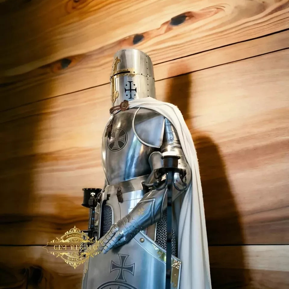 Close-up detail of chest plate and craftsmanship of Templar knight armor suit