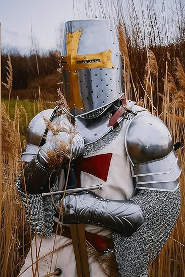 Detailed view of Medieval Templar Knight chainmail full body armor costume with helmet, cloak, and steel gauntlets, handcrafted by Artisans Hub for cosplay and reenactments.