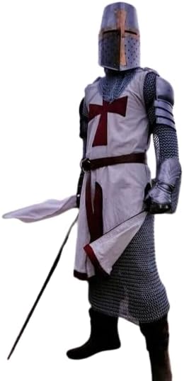 Front view of the Medieval Black Templar Knight full body armor set with silver polish finish.