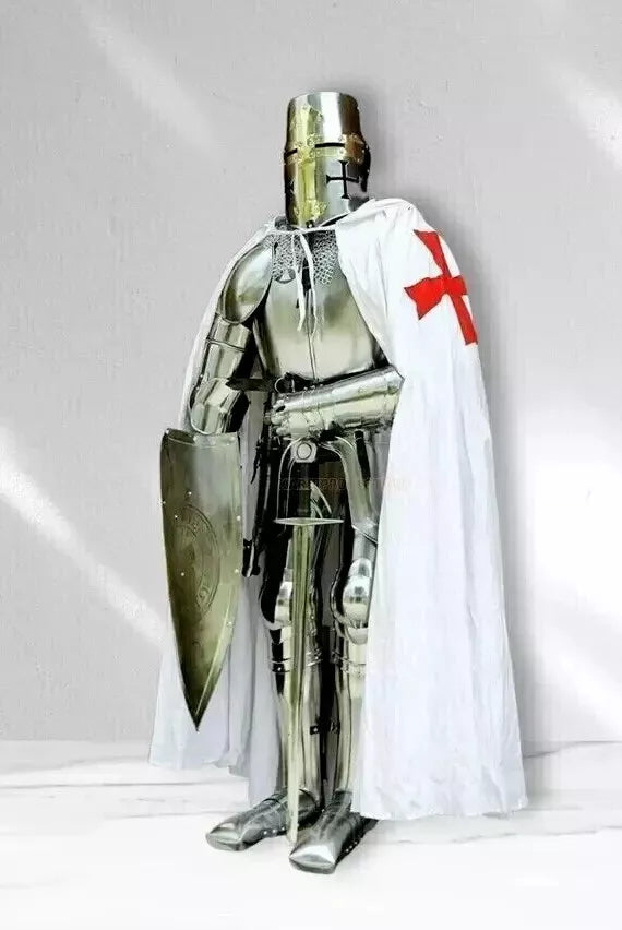 Close-up of the Templar helmet included in the medieval knight armor set showing polished steel finish.