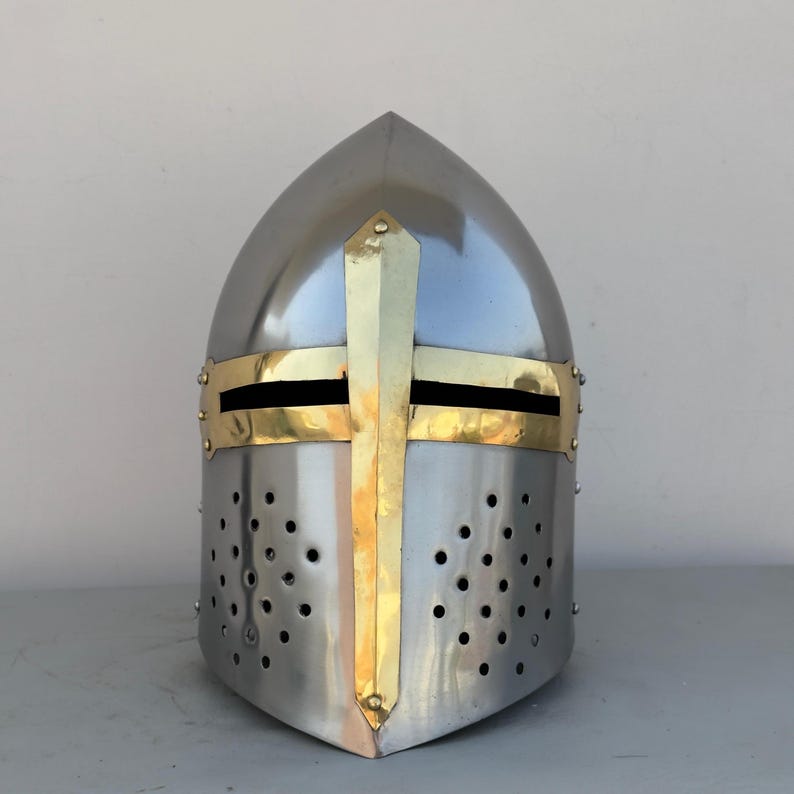 Close-up of Templar Knight Helmet - Medieval Sugarloaf Design with Nasal Guard and Steel Finish