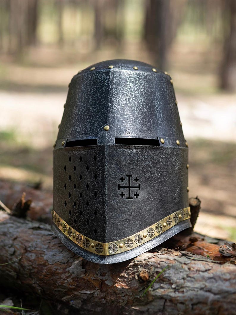 Side profile of Templar Knight LARP helmet showing ventilation slots
