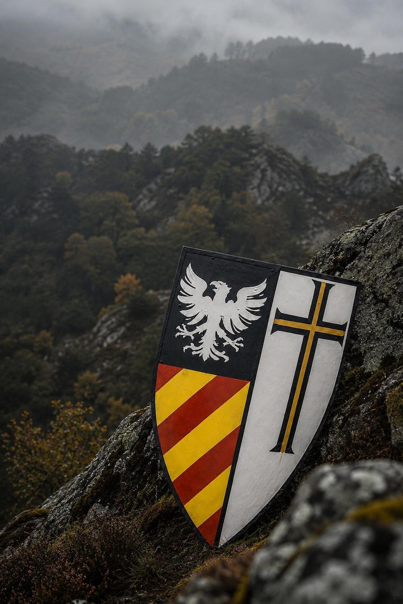 Medieval knight shield included in White Templar Armor set with red wings helmet and cloak for cosplay LARP and historical reenactment display