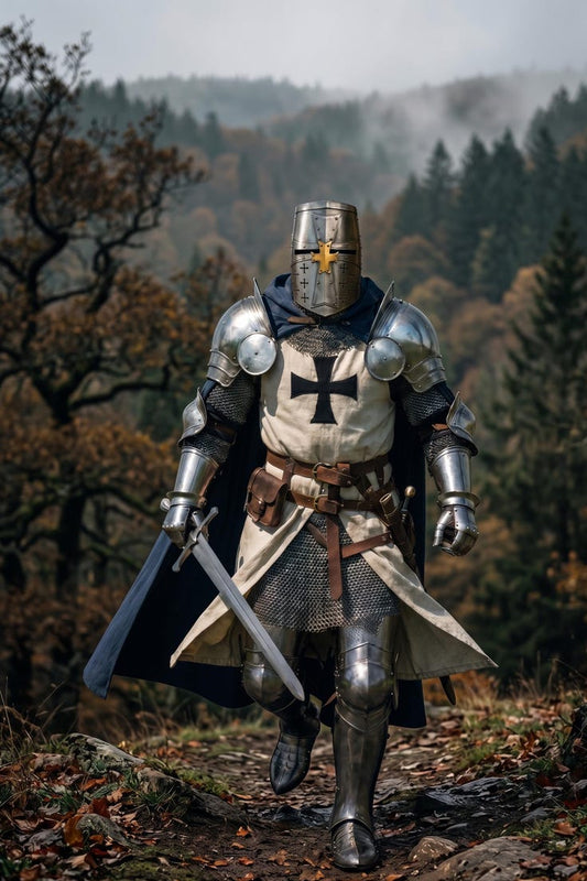 Teutonic Crusader Knight Armor Set with great helmet and 18 gauge steel construction designed for medieval cosplay, LARP, and roleplay events.