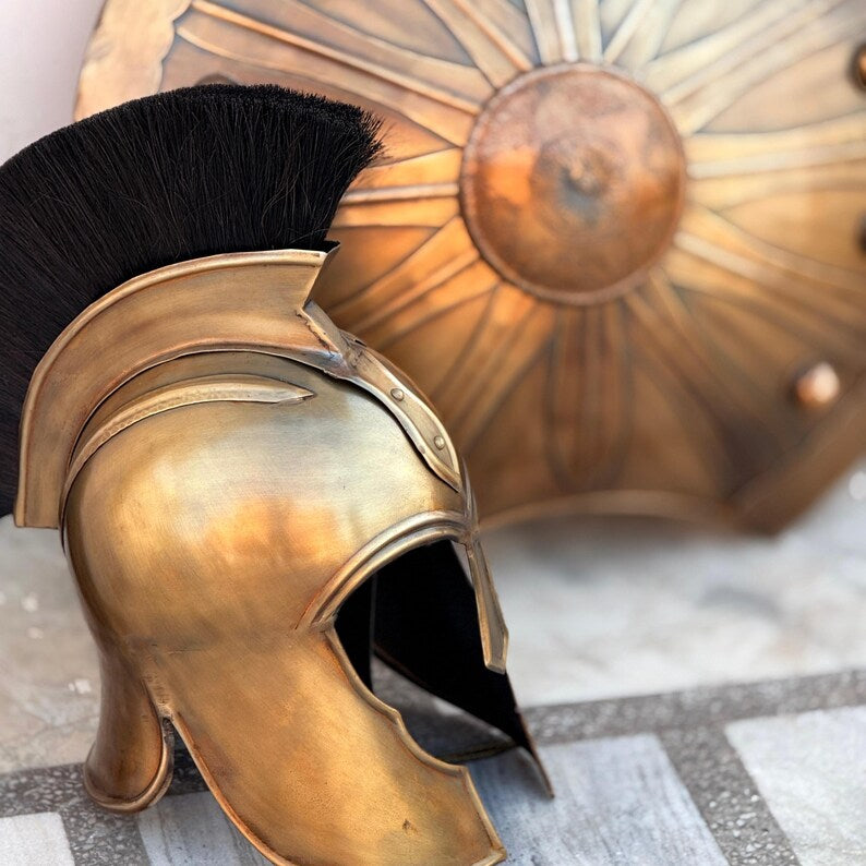 Full Troy knight costume set featuring Medieval Troy Trojan Shield, Achilles Helmet, and sword for cosplay