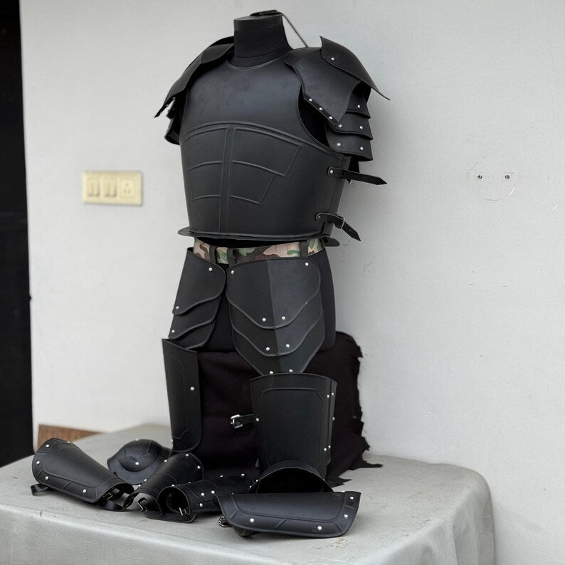 Detailed shot of undead knight armor tassets and leg greaves for cosplay or display.